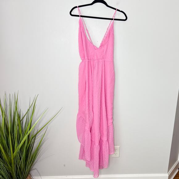 NEW NWT Lulus Effortlessly Easy Pink Swiss Dot High-Low Midi Wrap Dress Medium - Picture 5 of 8